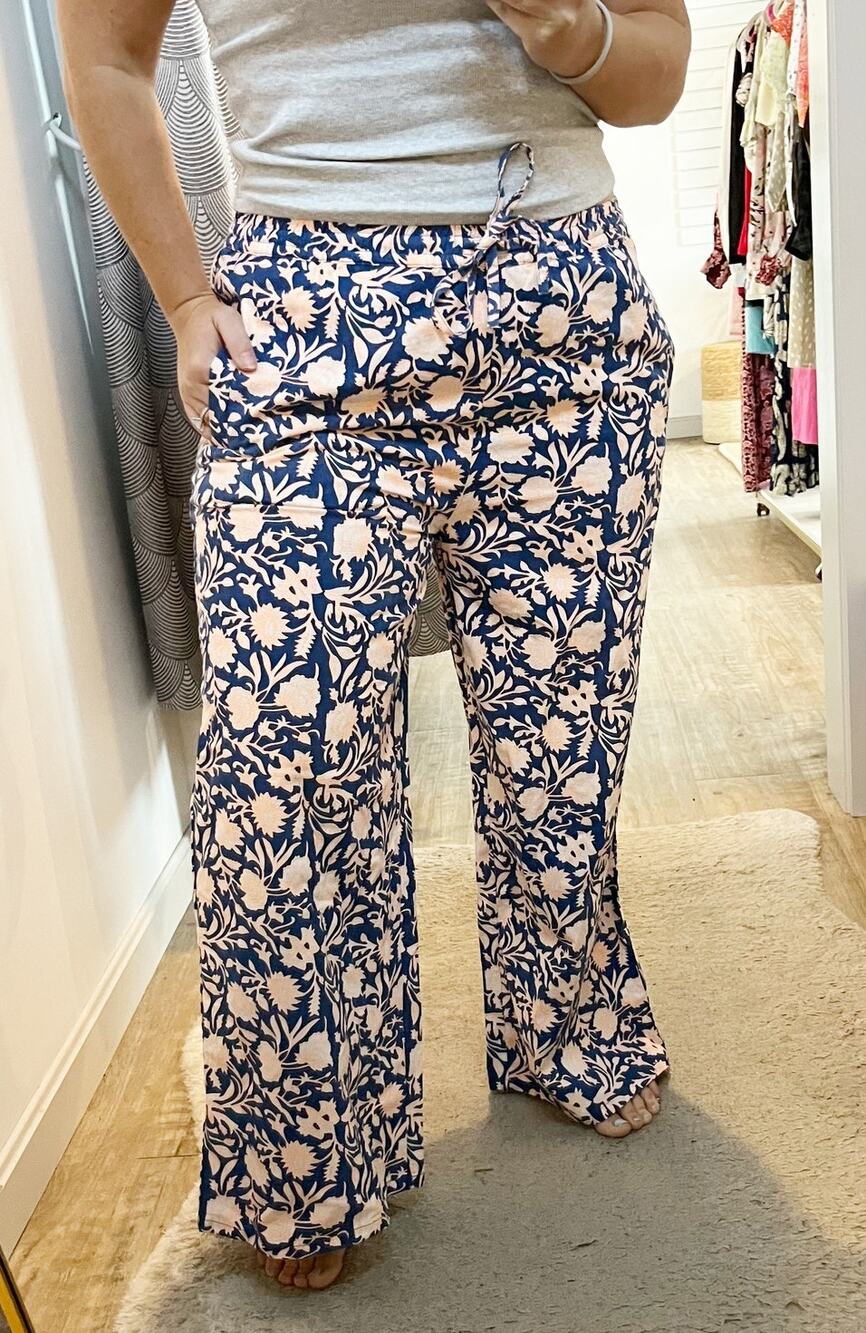 And For Good Floral Print Wide Leg Trouser Baggy High Rise Pants Blue Pink L/XL